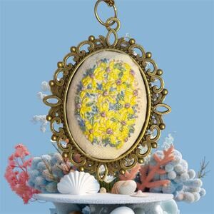Handmade Yellow & Blue Embroidery Necklace Bouquet Design